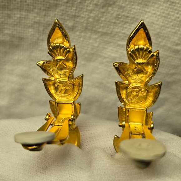 Vintage 80's Karl Lagerfeld Signed Wheat Stalk Clip On Earrings - Picture 5 of 6